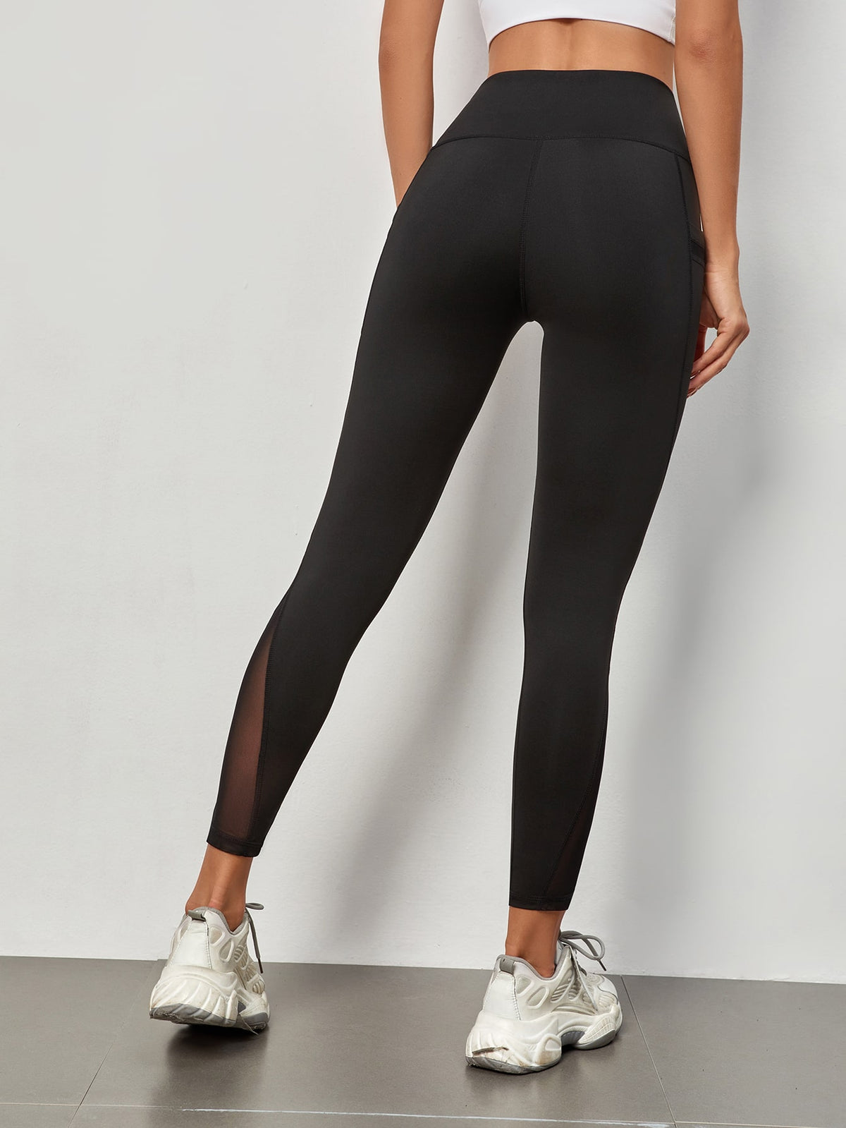 Leggings da allenamento Collant a compressione con inserto in mesh per controllo di pancia senza cuciture con tasca laterale per telefono