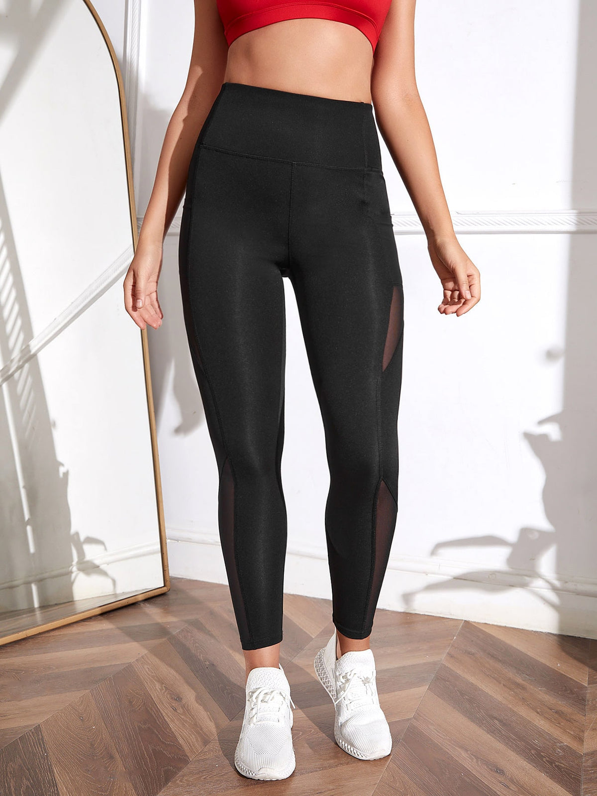 Leggings da yoga Calzamaglia da palestra con inserto in rete a vita larga senza cuciture con tasca laterale per telefono