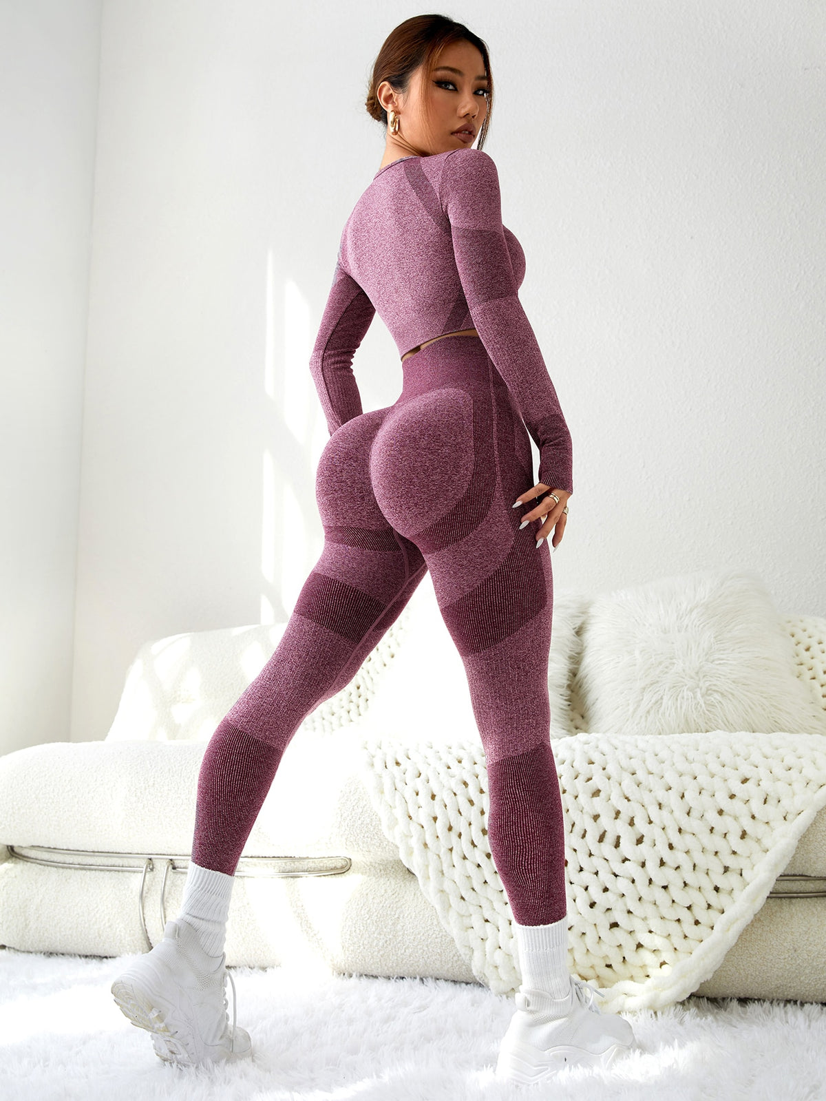 Set da palestra colorblock senza cuciture Set da yoga Maglietta con foro per pollice & Leggings con controllo di pancione