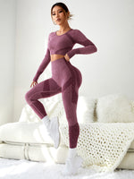 Set da palestra colorblock senza cuciture Set da yoga Maglietta con foro per pollice & Leggings con controllo di pancione