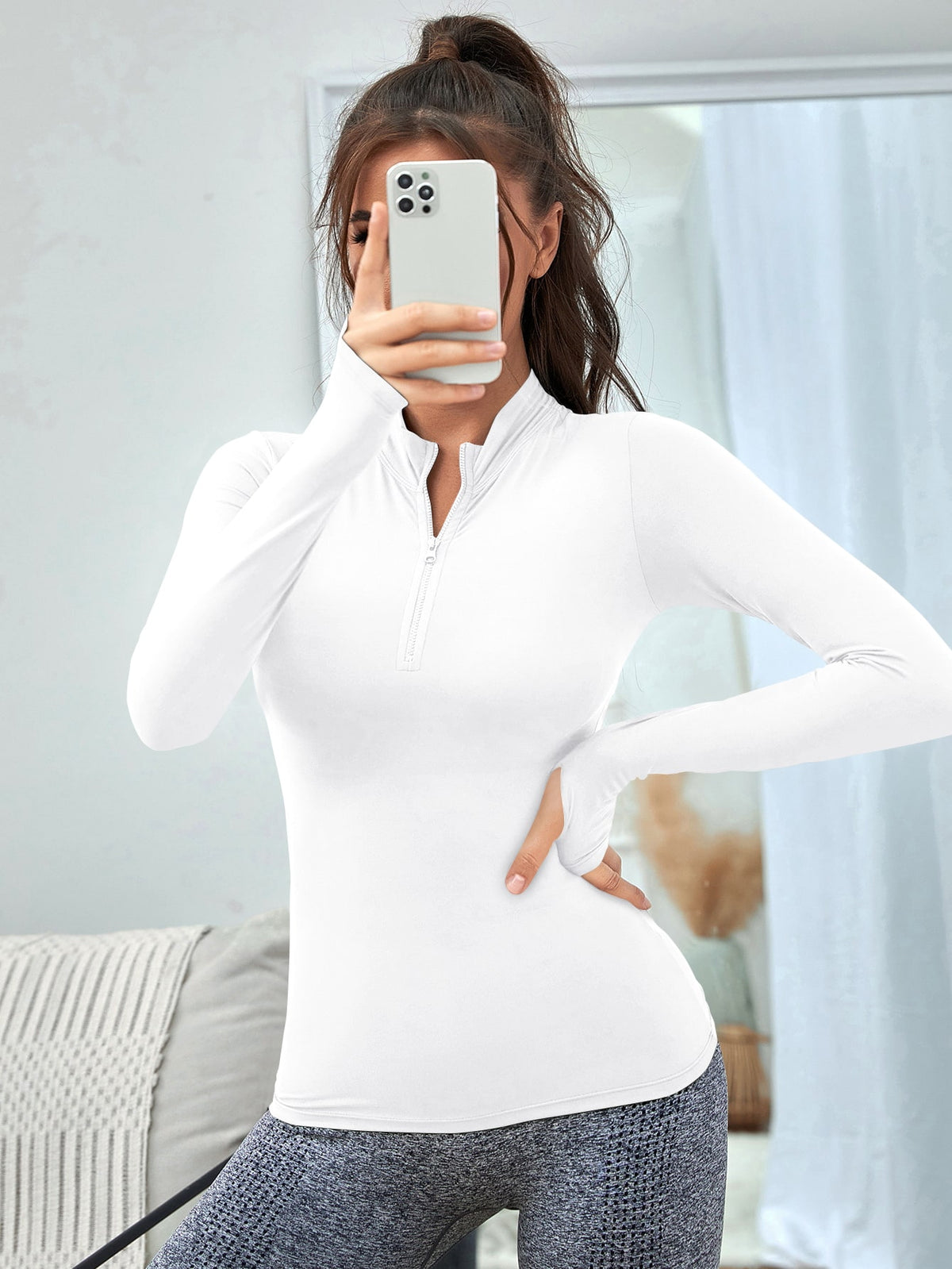 Felpa con chiusura lampo e collo alto in tinta unita da donna, vestibilità slim, morbida e traspirante, per tutte le stagioni