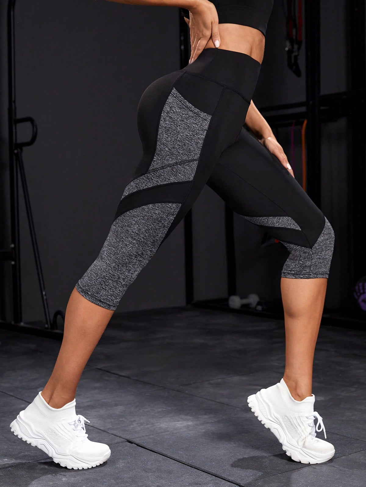 Leggings sportivi color block ampia fascia in vita tasca laterale per telefono