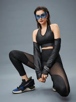 3 In 1 Reggiseno Sportivo Push-up Collo A V Con Crop Top Staccabile, Leggings Sportivi Traspiranti Con Inserto A Rete, Outfit Sportivo Sexy A 3 Pezzi