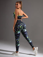 Set di sport per donna composto da canotta a collo rotondo con lettere stampate e pantaloni lunghi per yoga