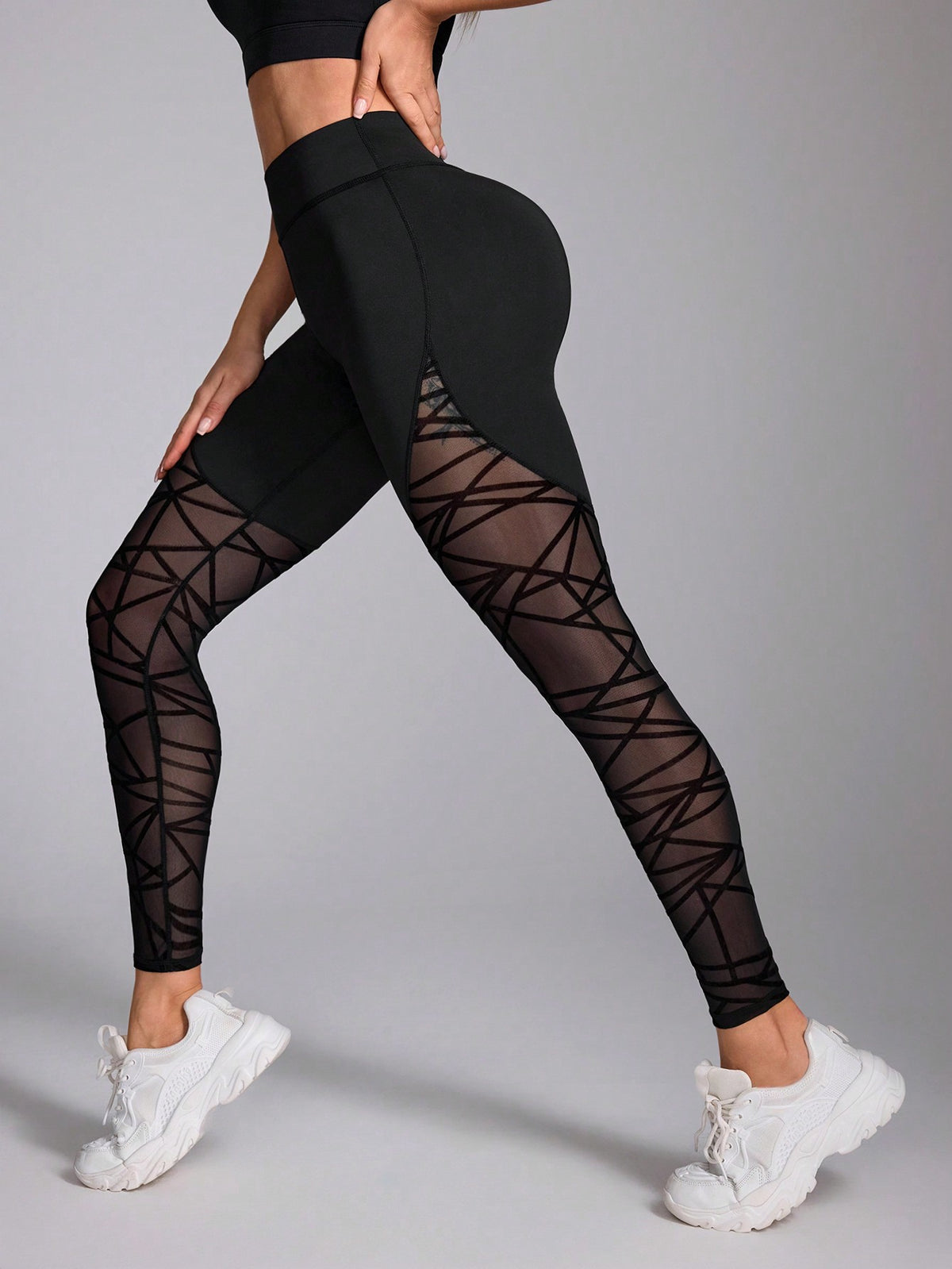 Leggings da allenamento quotidiani a vita alta da donna con inserti geometrici in rete