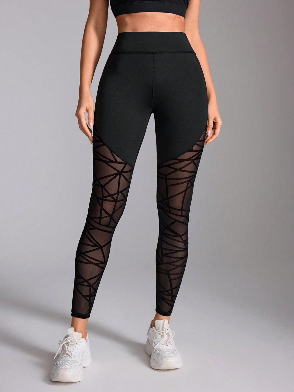 Leggings da allenamento quotidiani a vita alta da donna con inserti geometrici in rete