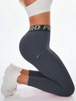 Leggings da yoga ad alta vita da donna con design a lettera, per uso casual all'aperto, fitness, snellente e modellante