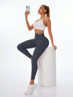 Leggings da yoga ad alta vita da donna con design a lettera, per uso casual all'aperto, fitness, snellente e modellante