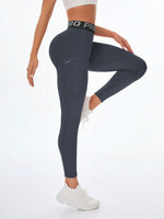 Leggings da yoga ad alta vita da donna con design a lettera, per uso casual all'aperto, fitness, snellente e modellante