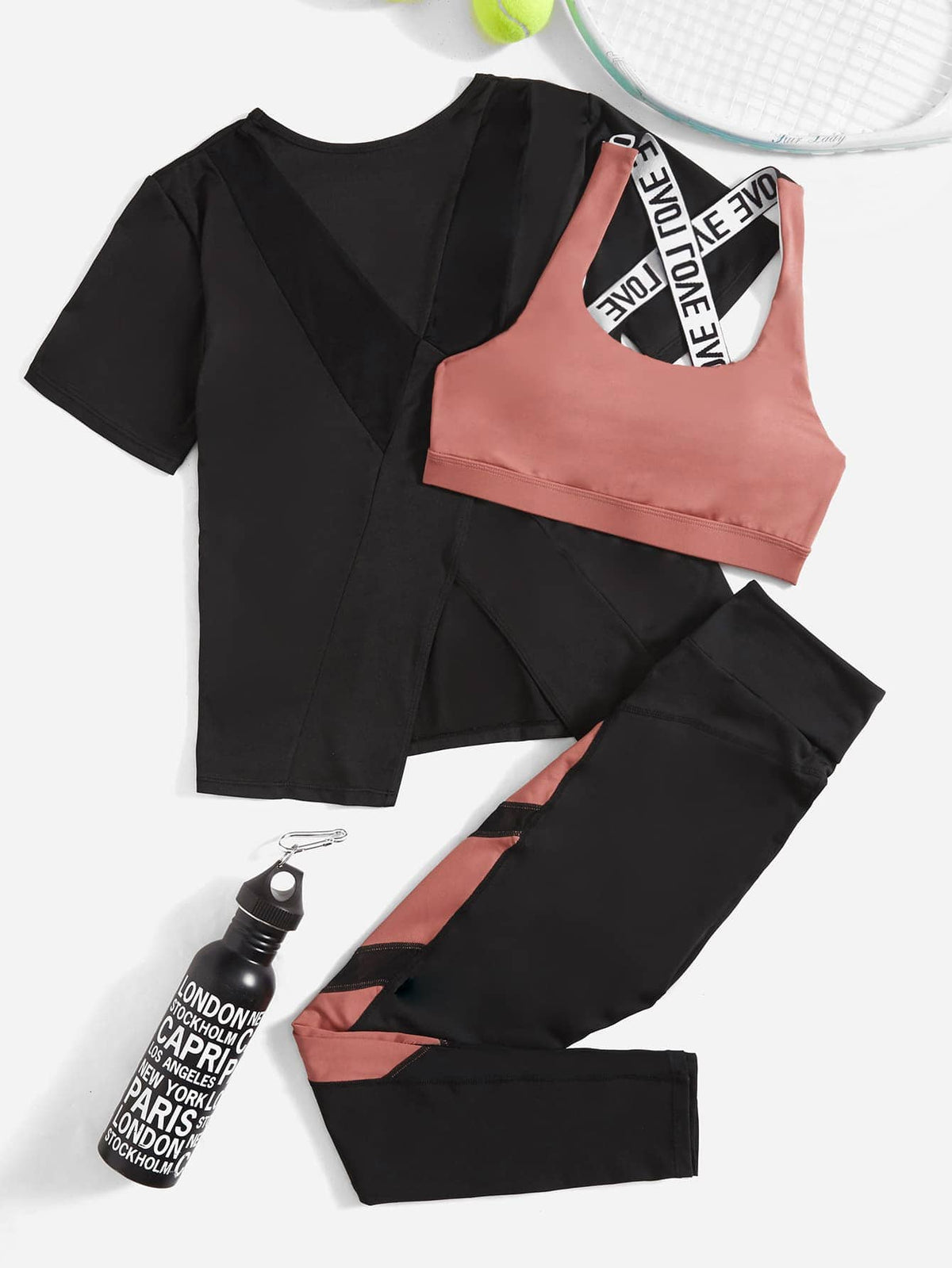 3 pezzi Set sportivo contrasto lettera a nastro color block orlo asimmetrico