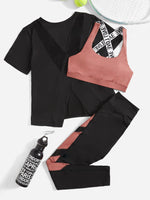 3 pezzi Set sportivo contrasto lettera a nastro color block orlo asimmetrico