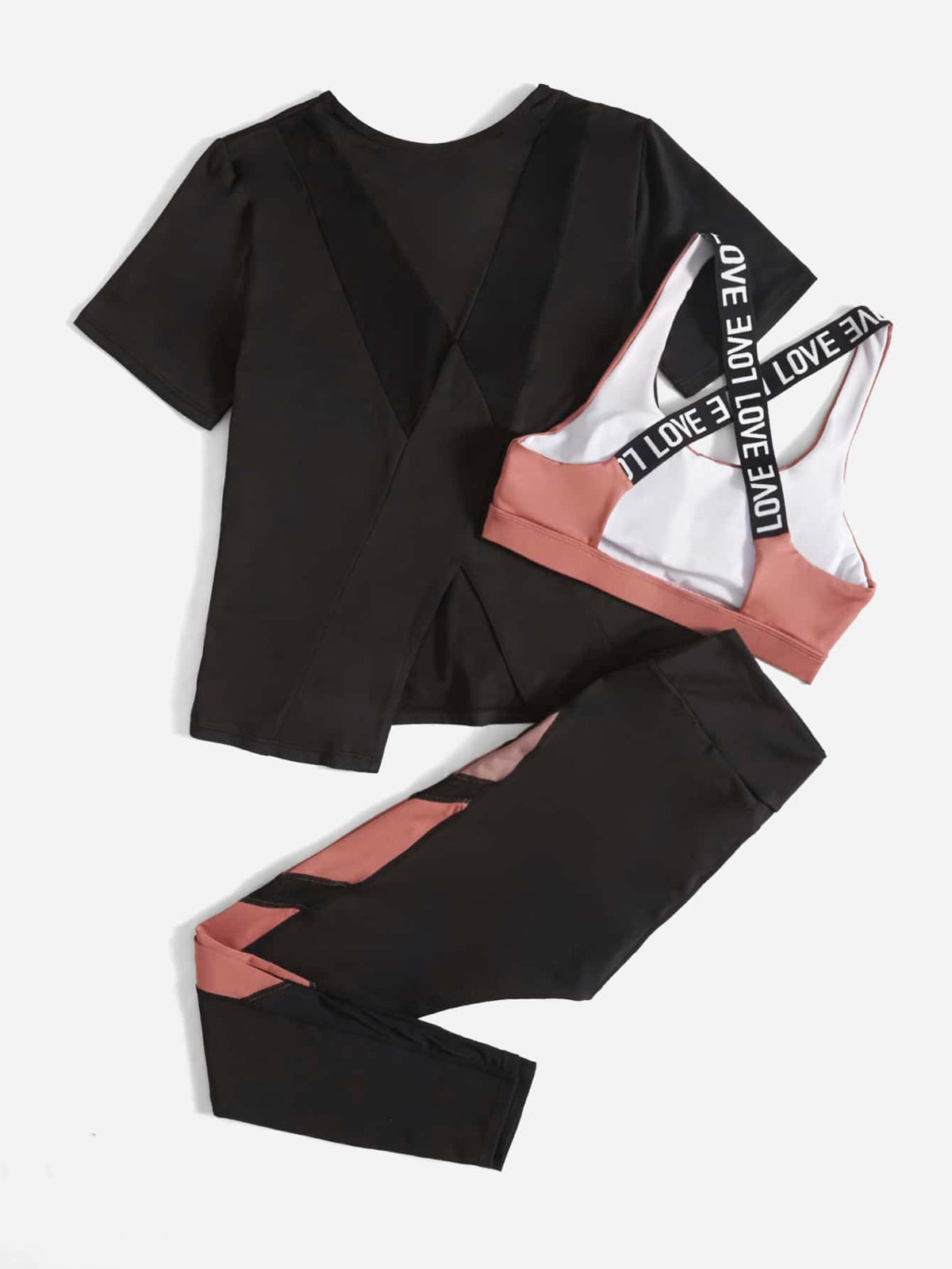 3 pezzi Set sportivo contrasto lettera a nastro color block orlo asimmetrico