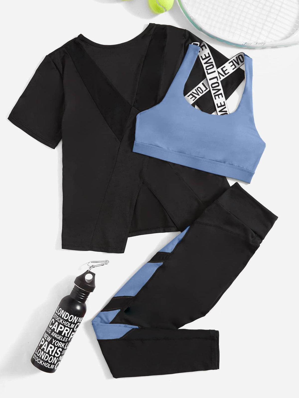 3 pezzi Set sportivo contrasto lettera a nastro color block orlo asimmetrico