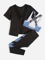 3 pezzi Set sportivo contrasto lettera a nastro color block orlo asimmetrico