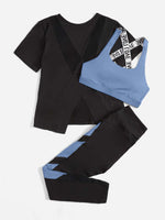 3 pezzi Set sportivo contrasto lettera a nastro color block orlo asimmetrico