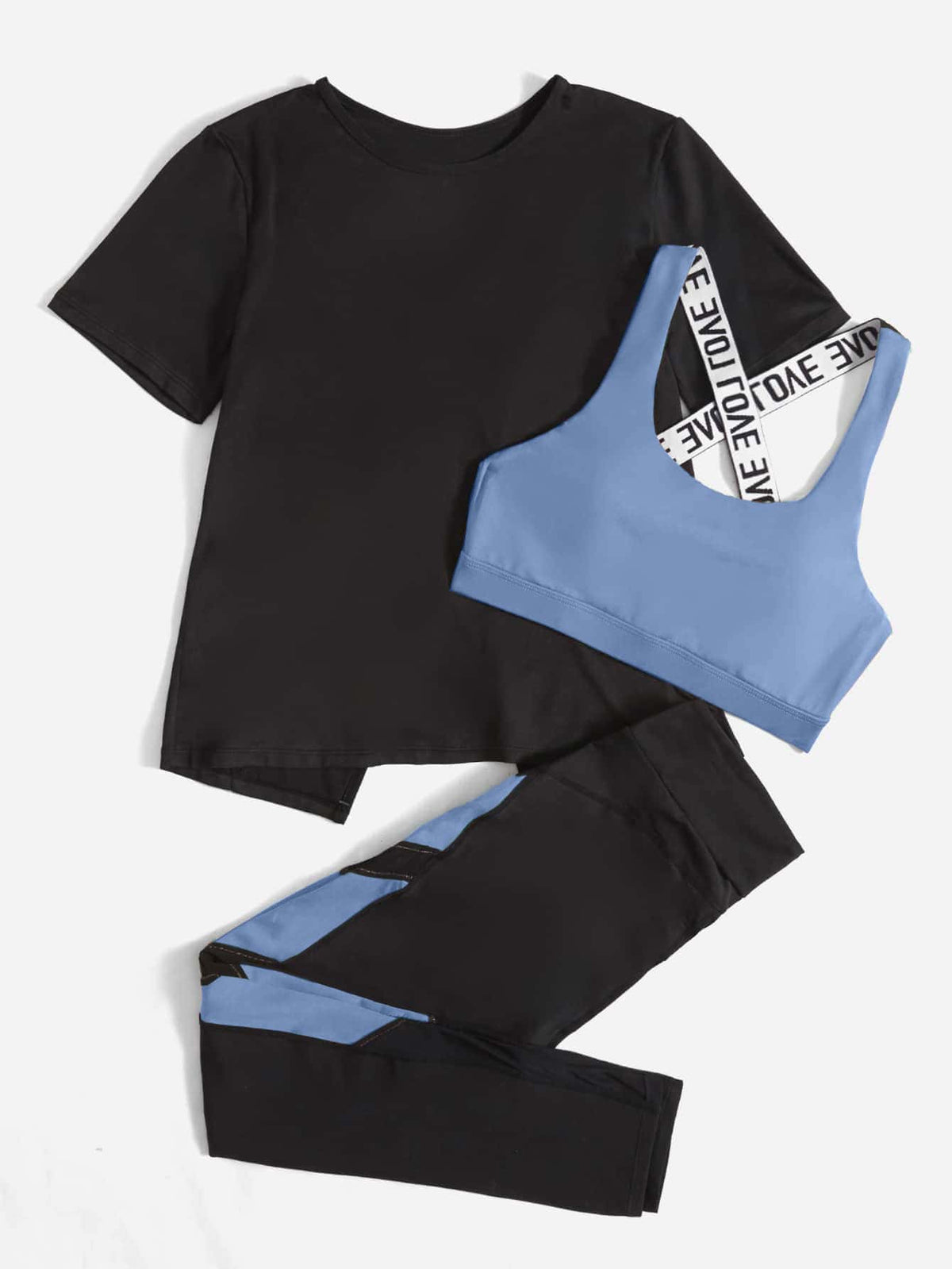 3 pezzi Set sportivo contrasto lettera a nastro color block orlo asimmetrico