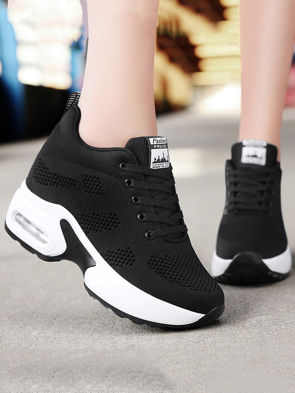 Sneakers Donna In Maglia Tinta Unita, Scarpe Casual Sportive Con Lacci, Scarpe Basse Versatili E Traspiranti