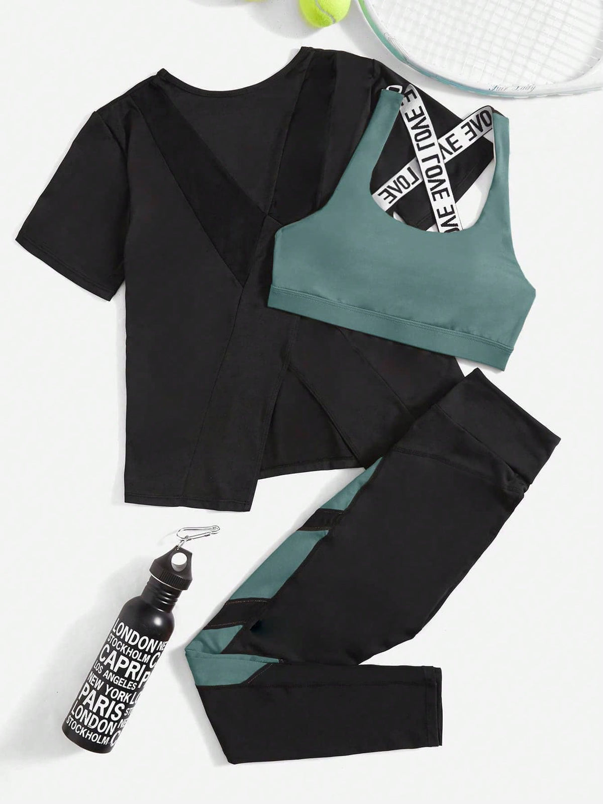 3 pezzi Set sportivo contrasto lettera a nastro color block orlo asimmetrico