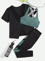 3 pezzi Set sportivo contrasto lettera a nastro color block orlo asimmetrico