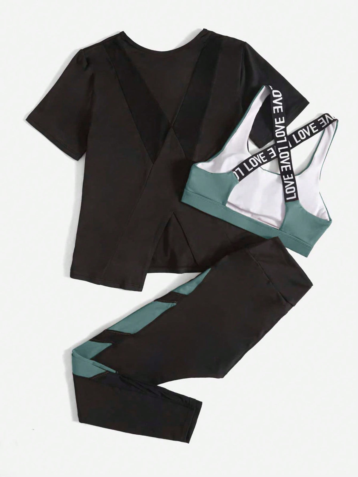 3 pezzi Set sportivo contrasto lettera a nastro color block orlo asimmetrico