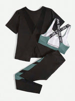 3 pezzi Set sportivo contrasto lettera a nastro color block orlo asimmetrico