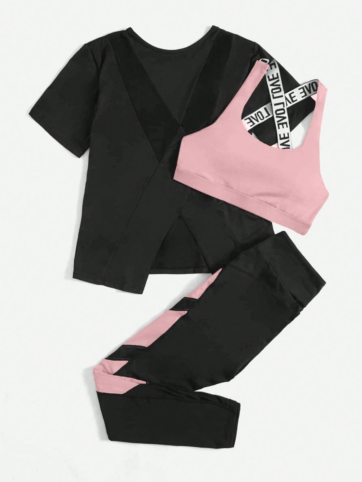 3 pezzi Set sportivo contrasto lettera a nastro color block orlo asimmetrico