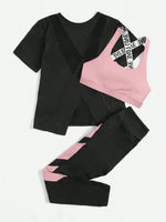 3 pezzi Set sportivo contrasto lettera a nastro color block orlo asimmetrico