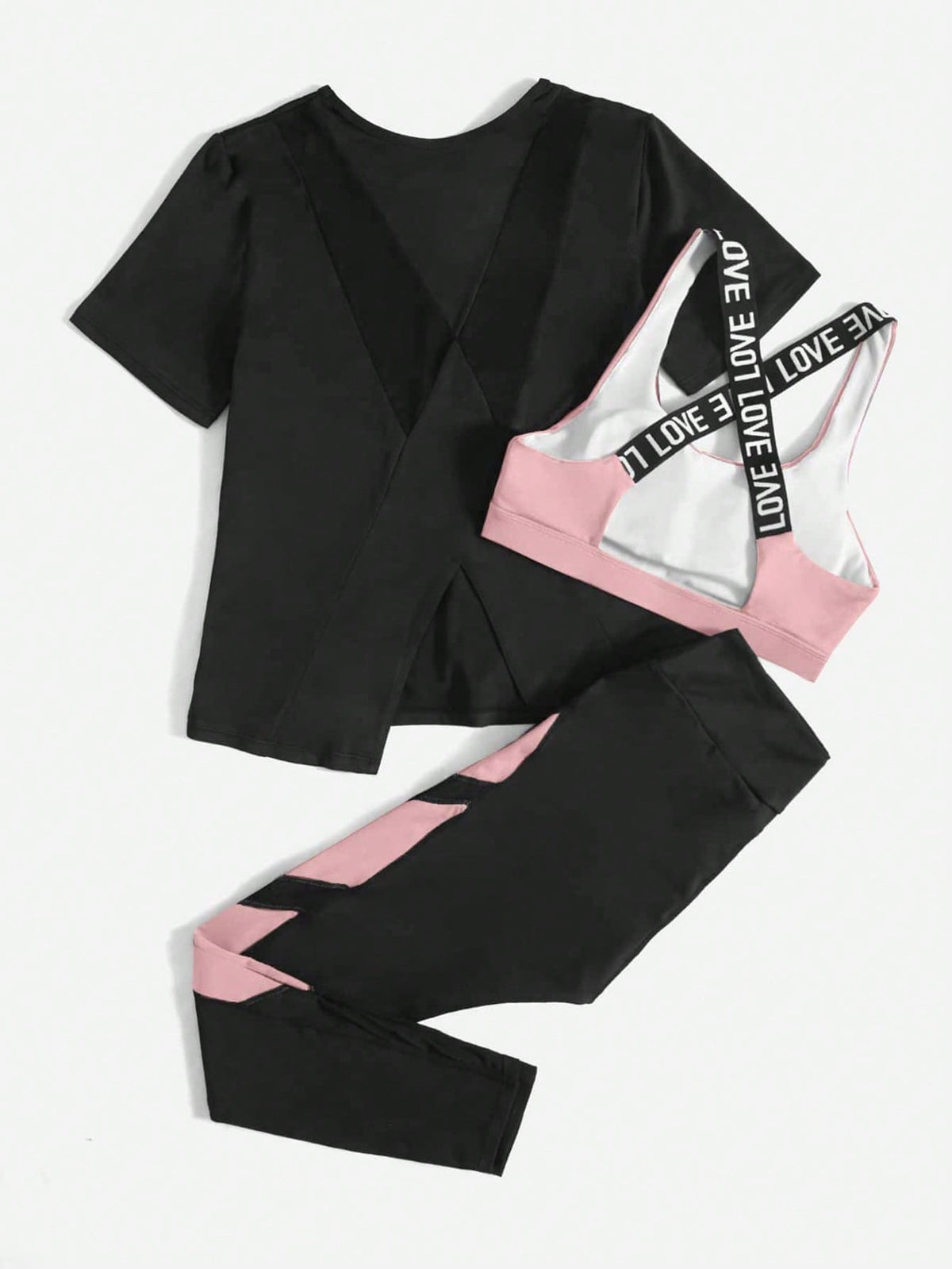 3 pezzi Set sportivo contrasto lettera a nastro color block orlo asimmetrico