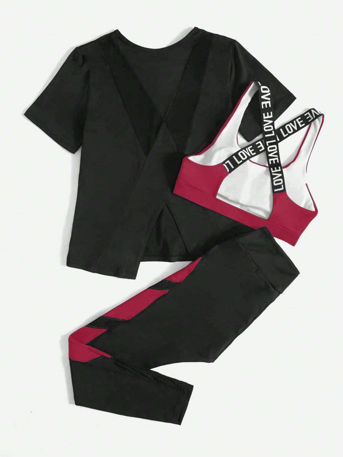 3 pezzi Set sportivo contrasto lettera a nastro color block orlo asimmetrico