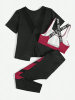 3 pezzi Set sportivo contrasto lettera a nastro color block orlo asimmetrico