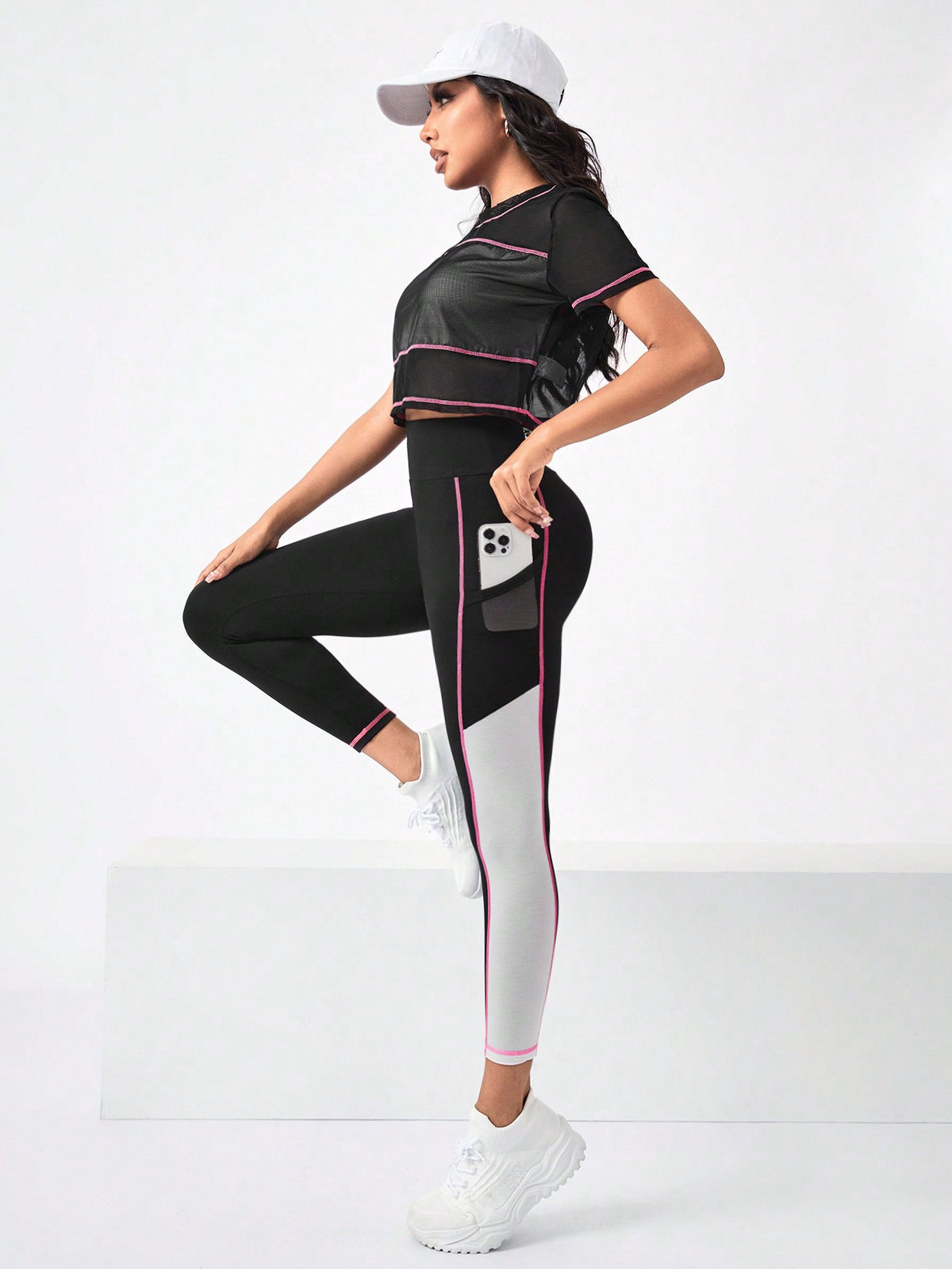Running color block Maglietta sportiva & tasca laterale per telefono Leggings