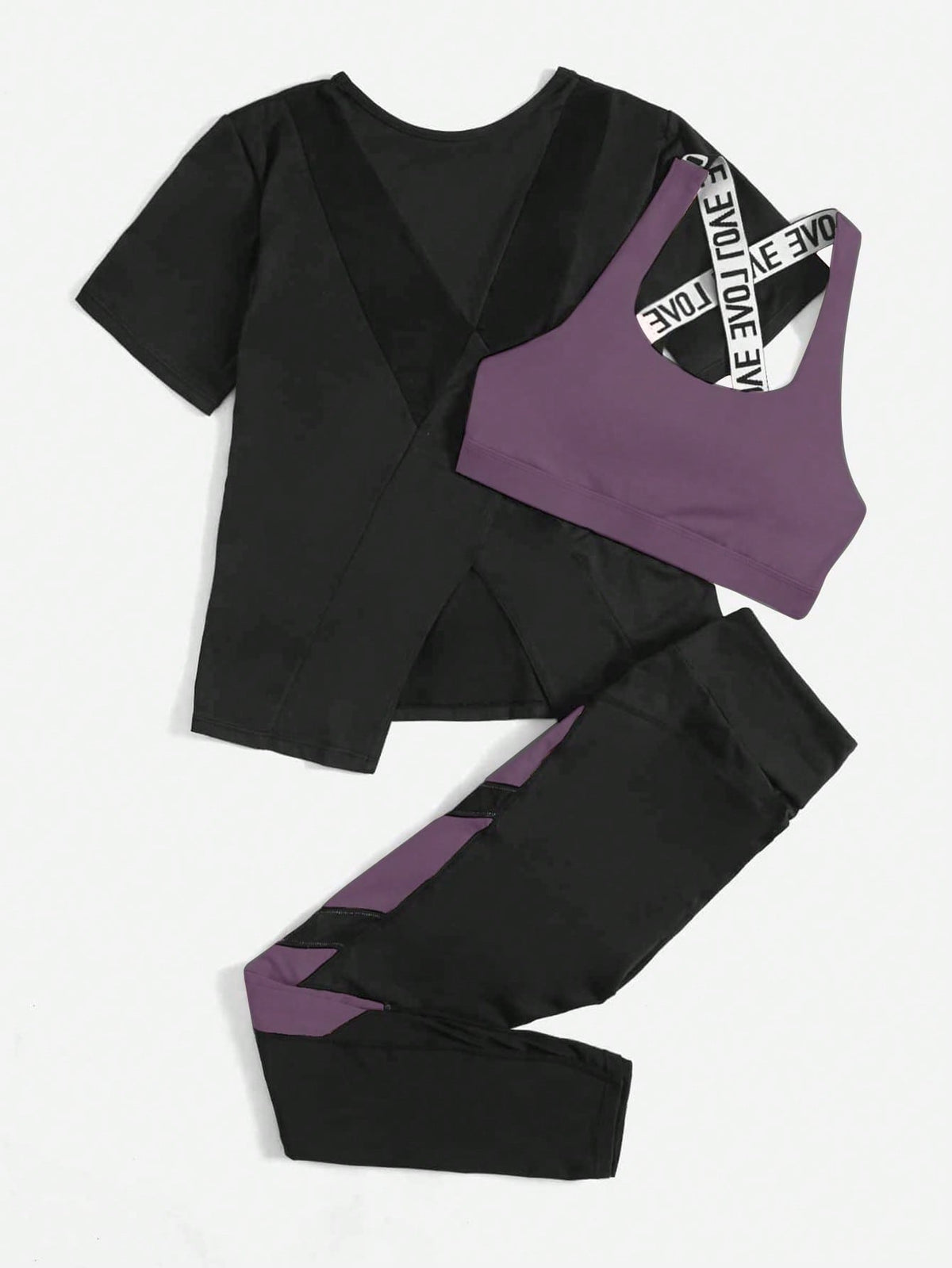 3 pezzi Set sportivo contrasto lettera a nastro color block orlo asimmetrico