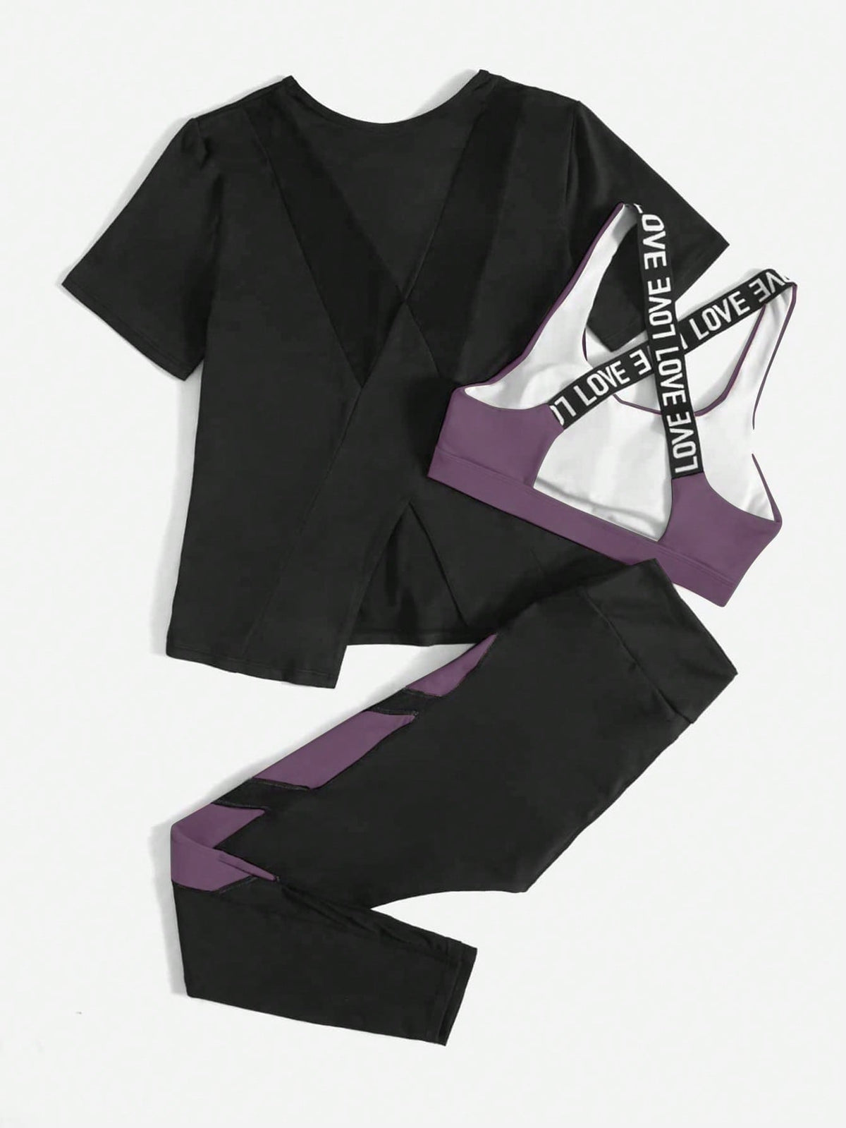 3 pezzi Set sportivo contrasto lettera a nastro color block orlo asimmetrico