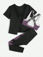 3 pezzi Set sportivo contrasto lettera a nastro color block orlo asimmetrico