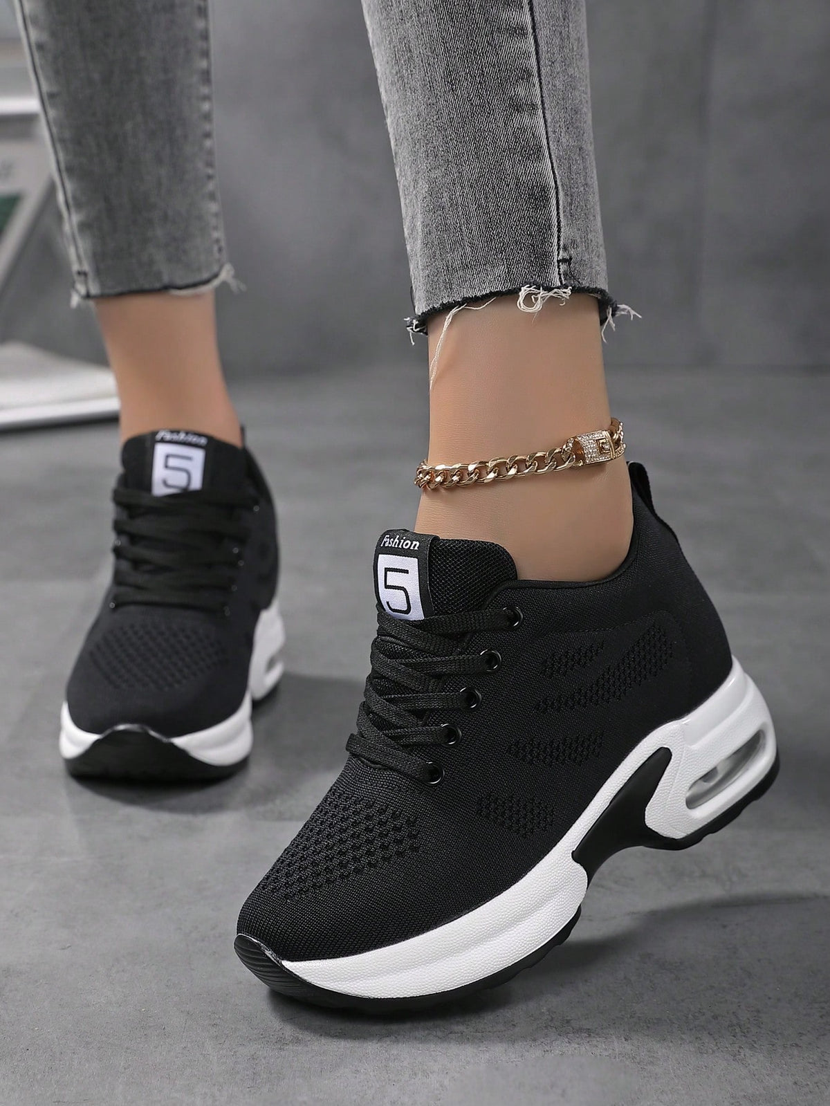 Sneakers Donna In Maglia Tinta Unita, Scarpe Casual Sportive Con Lacci, Scarpe Basse Versatili E Traspiranti