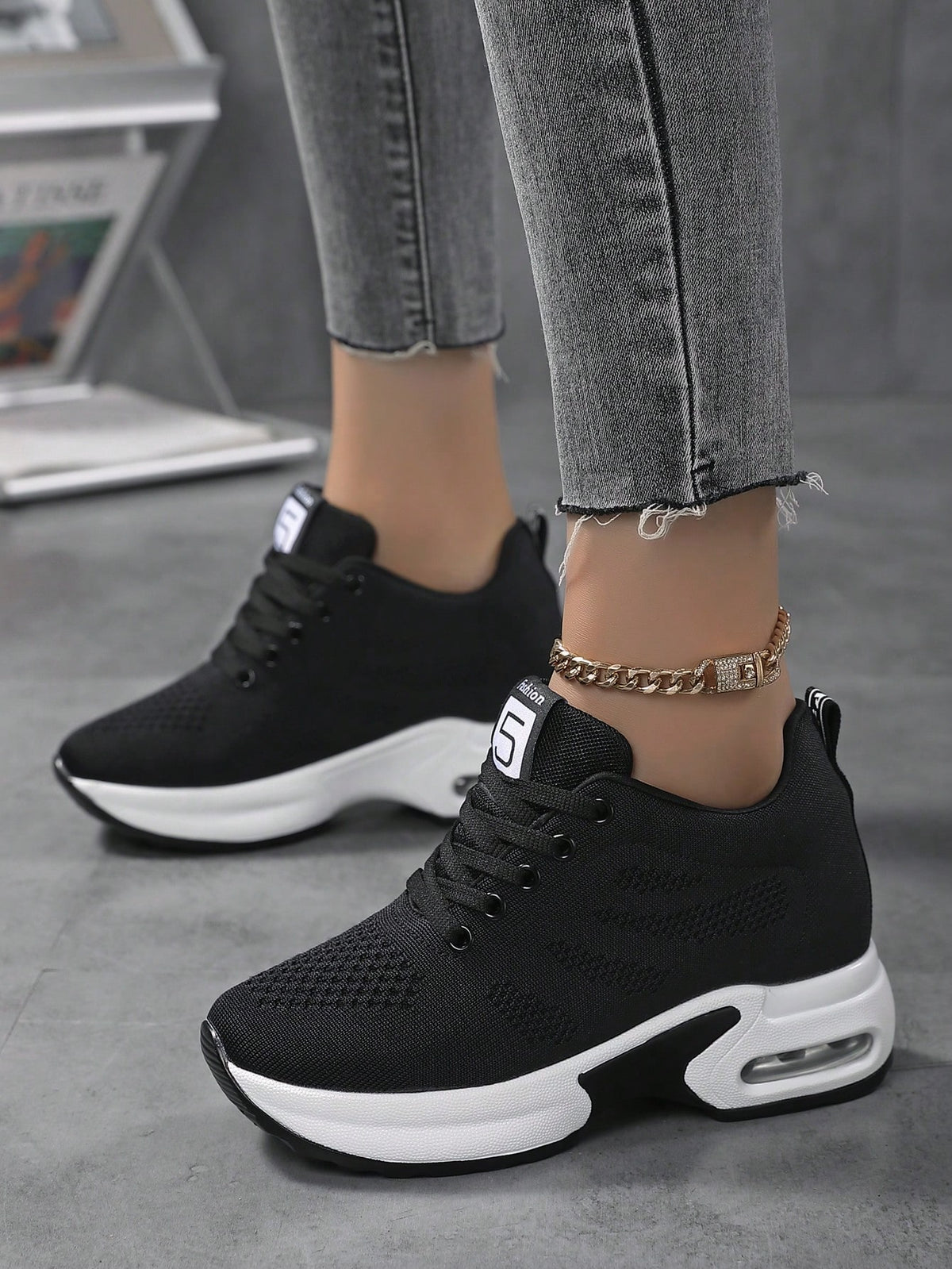 Sneakers Donna In Maglia Tinta Unita, Scarpe Casual Sportive Con Lacci, Scarpe Basse Versatili E Traspiranti