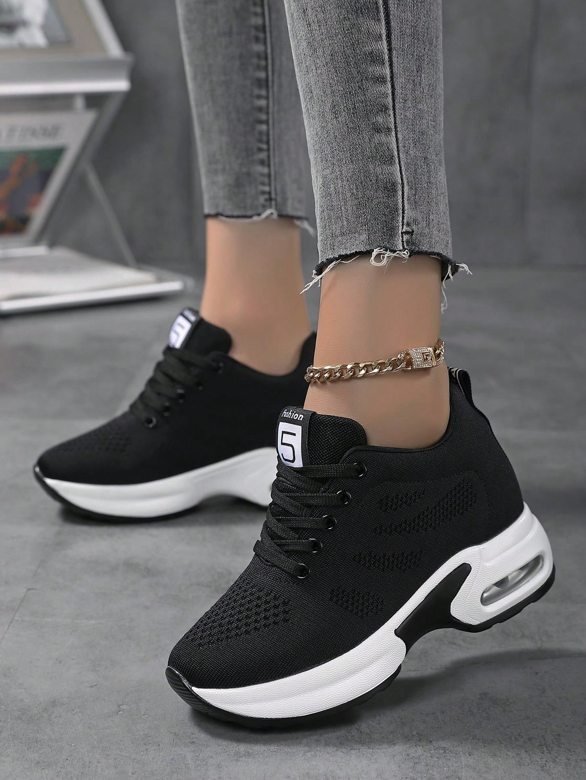 Sneakers Donna In Maglia Tinta Unita, Scarpe Casual Sportive Con Lacci, Scarpe Basse Versatili E Traspiranti
