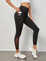 Leggings da allenamento Collant a compressione con inserto in mesh per controllo di pancia senza cuciture con tasca laterale per telefono
