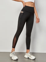 Leggings da allenamento Collant a compressione con inserto in mesh per controllo di pancia senza cuciture con tasca laterale per telefono