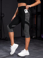 Leggings sportivi color block ampia fascia in vita tasca laterale per telefono