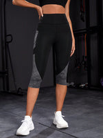 Leggings sportivi color block ampia fascia in vita tasca laterale per telefono