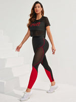 Top E Legging Da Allenamento Con Stampa Di Lettere E Parti In Maglia A Patchwork