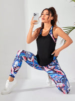 2-in-1 Canotta con imbottitura al petto, stampe di dipinti ad olio, pantaloni sportivi da tasca a fondo