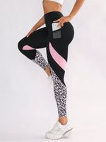 Leggings yoga a blocchi di colore con stampa leopardo e tasca per l'esercizio fisico