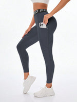 Leggings da yoga ad alta vita da donna con design a lettera, per uso casual all'aperto, fitness, snellente e modellante