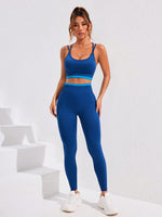 Set sportivo estivo senza cuciture da donna composto da top a canottiera con schiena scoperta e pantaloni a blocchi di colore