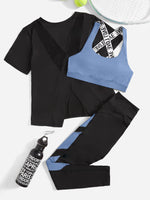 3 pezzi Set sportivo contrasto lettera a nastro color block orlo asimmetrico