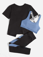 3 pezzi Set sportivo contrasto lettera a nastro color block orlo asimmetrico