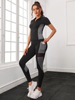 Maglietta sportiva e leggings color block con tasca del telefono