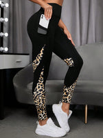 Leggings sportivi leopardato inserto in rete con tasca per telefono